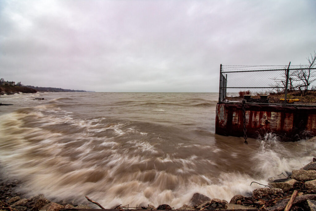 High power waves slamming the Lake Erie Beaches due to storm surge.