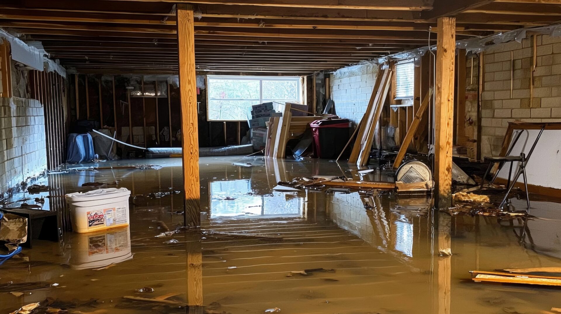 An image of a flooded basement. Belongings are floating in about a foot of water.