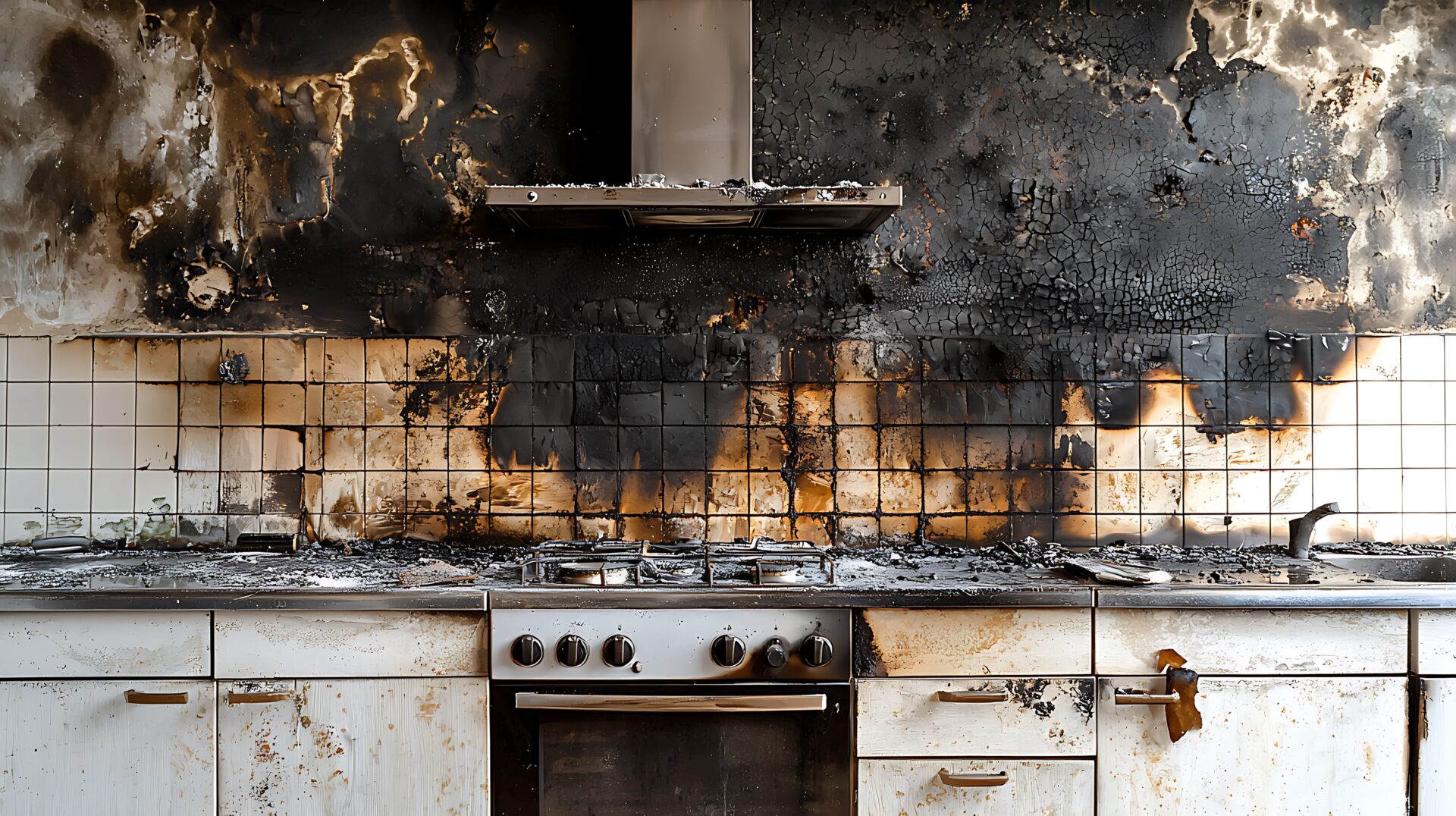 A photograph depicting the aftermath of a kitchen fire. The cabinets, walls, and appliances are heavily damaged by soot and fire.